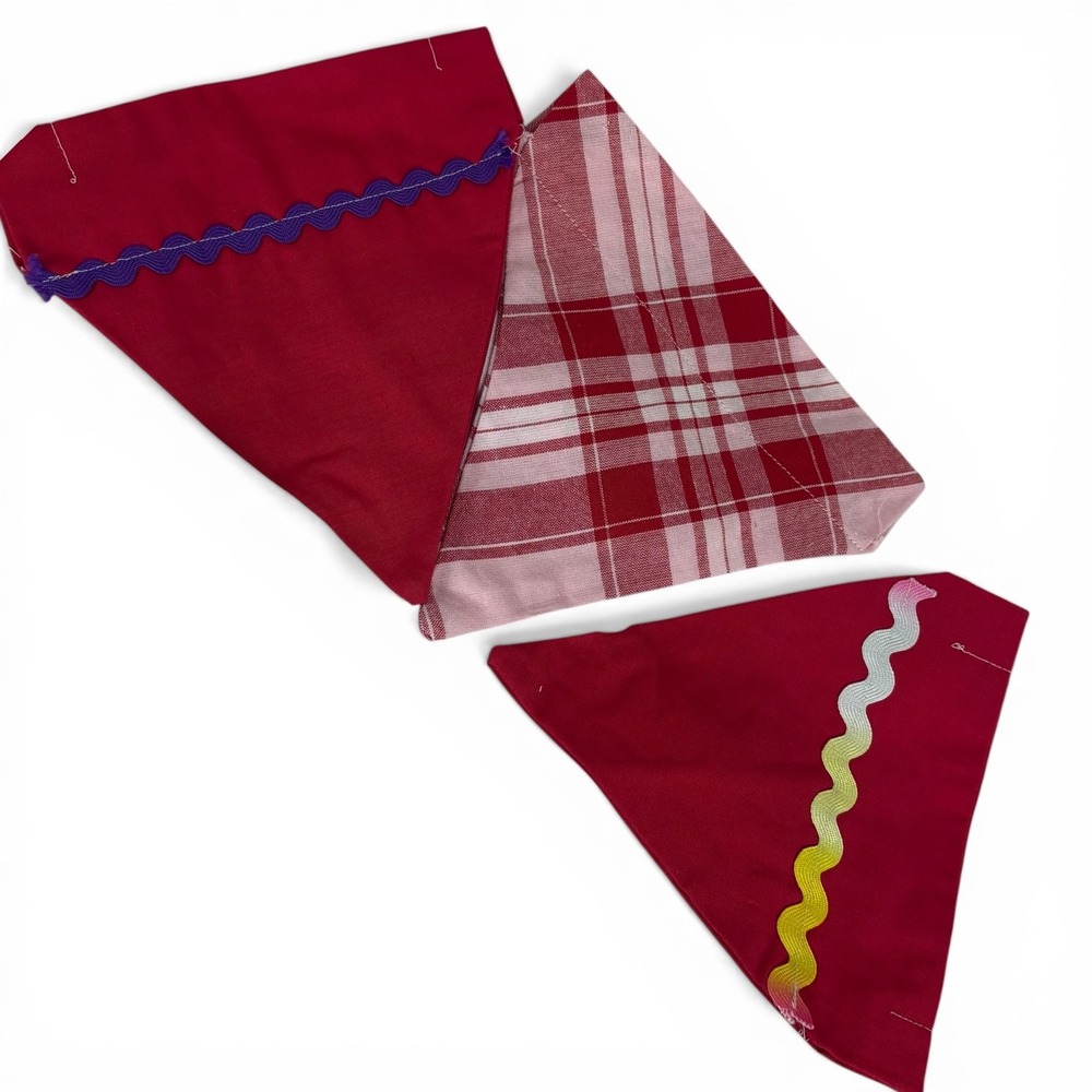 Handmade Dog Bandana Set of 3 Pink Plaid & Purple Multi Rickrack Trim Sz M